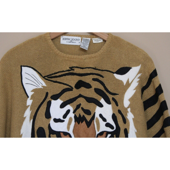 Vintage Bonnie Boerer Sweater Tan Tiger Applique Size Medium M 80s 90s Vtg - Picture 3 of 4